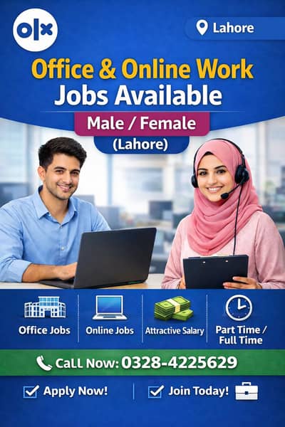 Office & Online Work Jobs Available – Male/Female (Lahore)