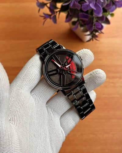 Stainless Steel Spinning Watch Red Dial Black Starp