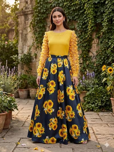 Stylish Yellow Party Wear Top with Floral Silk Long Skirt
