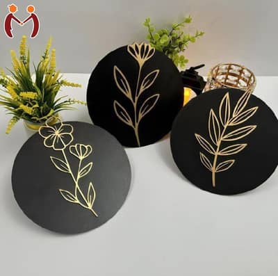 Modern abstract wall art 3pc black and yellow MDF decor