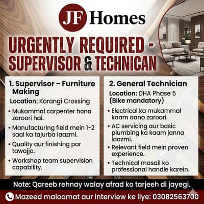 Supervisor for Furniture Making & General Tech, Required Urgently