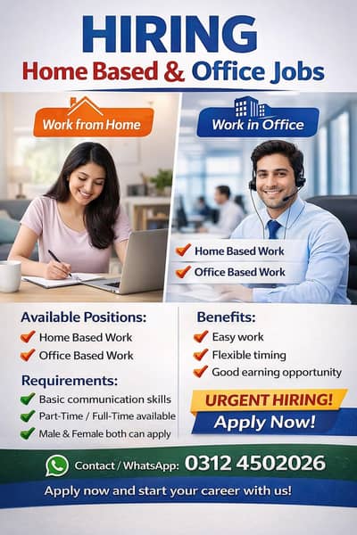 Office & Online Work Jobs Available – Male/Female (Lahore)