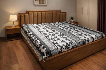 wooden bed with two side tables