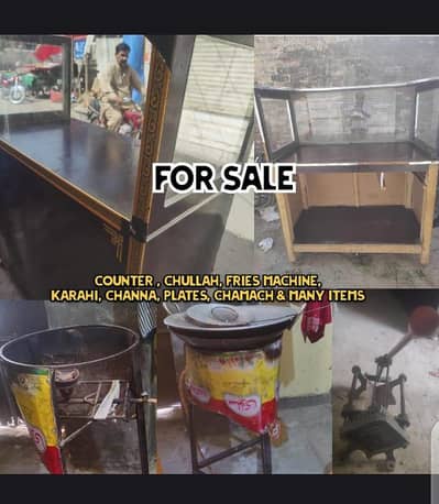Counter Chulha ,Fries machine, Krahie, chamach , plate and many things