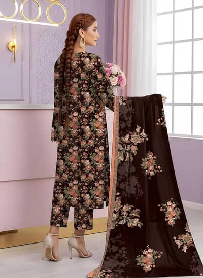 women's 3 pcs printed Dobby Lawn suit Brown Floral