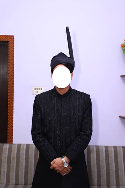 Premium Jet Black Sequined Sherwani Set (4-Piece) – Used Once