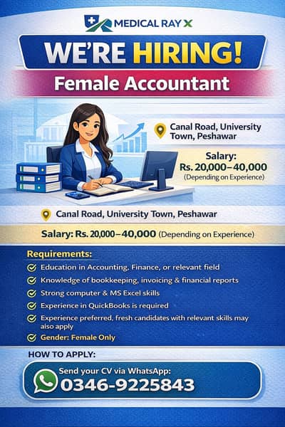 Hiring Female Accountant – Medical Ray X – Peshawar – QuickBooks Expe