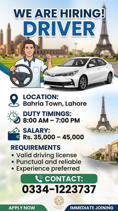Driver Required – Bahria Town Lahore | 35,000-45,000 PKR
