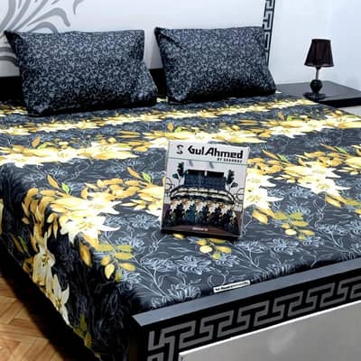 cotton printed double bedsheets black 3 pcs