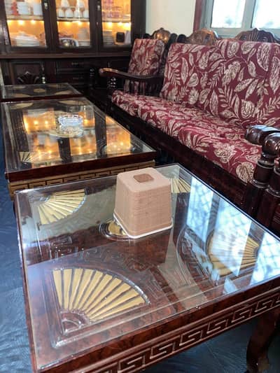brand new sofa sat with 3 tables of  glass and made of pure wood.
