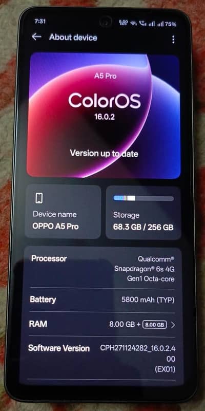 Oppo A5 Pro. 7 Month warranty Available. 256 GB Rom 8+8 Ram