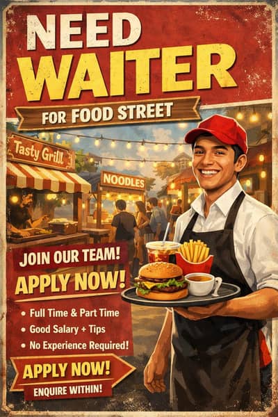 need waiter for foodstreet  fully trained for chinese