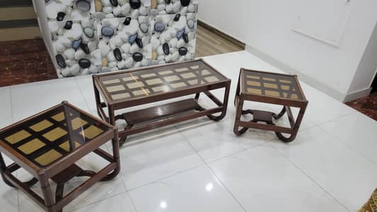 3-Piece PURE WOOD ( aslii Lakri )  Center tabel set with temparedGLASS