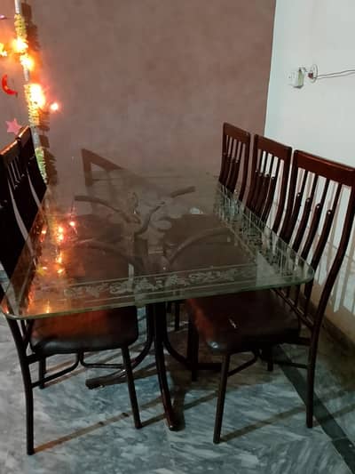 6 Seater Dining Table Set – Glass Top with Metal Frame