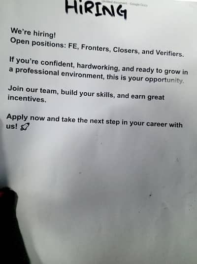 We are hiring! Open positions FE Fronters, closers, and verifiers