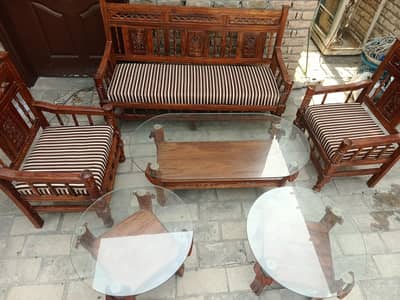 wooden 5 seater sofa  with 3 tables with glass