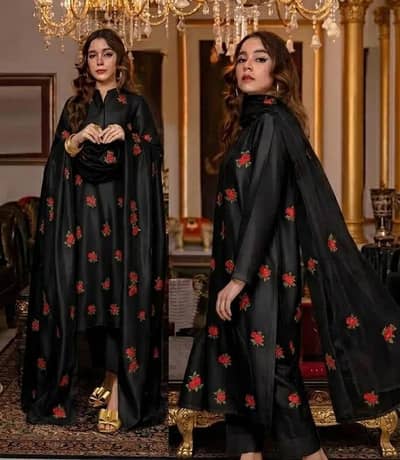 Embroided shamoz silk 3pcs women suit with dupata delivery free