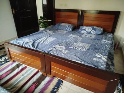 2 Single Wooden Bed with 2 Side Tables