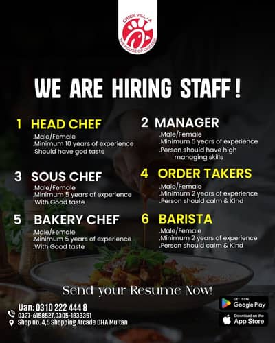Executive Chef Job /sous chef/ Managers / Baristas / Jobs  DHA Multan