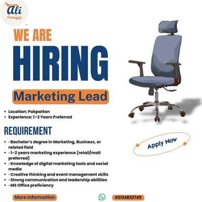 Job Title: Marketing Lead Location: Ali Shopping Mall, Pakpattan
