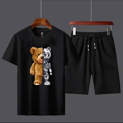 Black Teddy Bear & Robot Graphic T-shirt with Matching Shorts Co-ord .