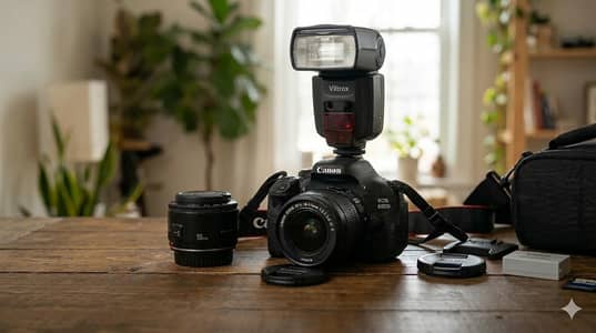 Almost New Canon EOS 600D with Box Lenses, Flash Light & Accessories