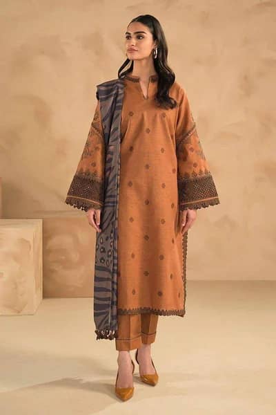 Orange Embroidered Lawn 3 Piece Unstitched Suit With Printed Dupatta