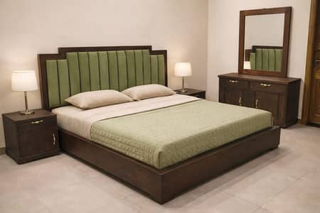 wooden bed with two side tables