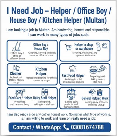 I Looking Job Office Boy House boy / Helper / Cleaner / Kitchen Helper