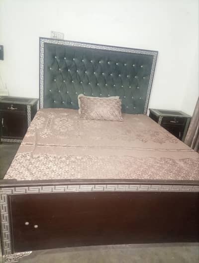 wooden bed set with side tables and mattress
