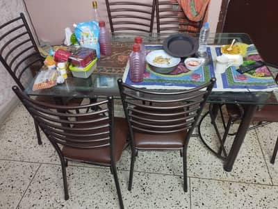 Rood Iron Glass Top Dinning Table with 6 Cutions Chairs Family Used