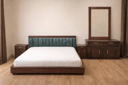 wooden bed with two side tables