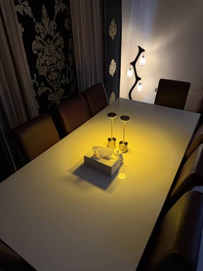 Modern 8-Seater White Gloss Dining Table Set with High Back Chairs