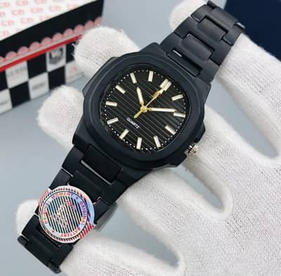 Men's Square Quartz Watch Steel Chain Strap Black Dial