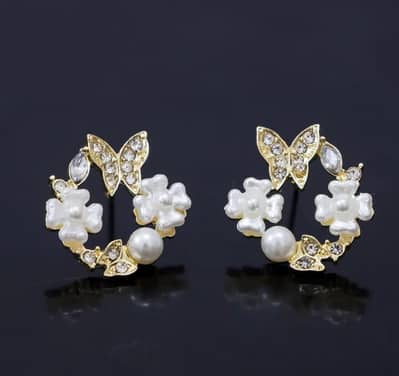 Butterfly Gold plated earrings for women elegant flowers and pearl