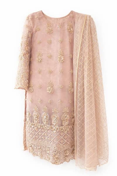An embroidered suit with net shirt , dupatta and raw silk trouser