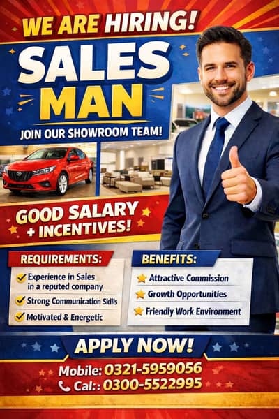 SALES MAN REQUIRED FOR CAR SHOWROOM