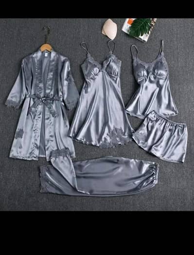 Stylish 5 Piece Ladies Nighty Suit – Silk Fabric, All Sizes Available