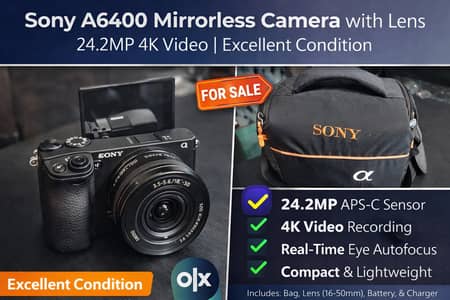 Sony A6400 Mirrorless Camera with Lens – 24.2MP 4K Vlogging Camera