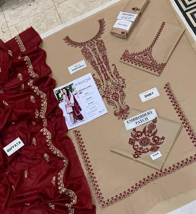 3 pcs Women Embroided Lawn Suit Brown Eid Special
