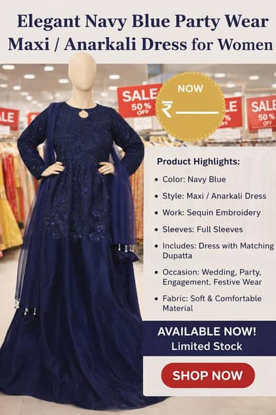 Elegant Navy Blue Party Wear Maxi / Anarkali Dress for Women
