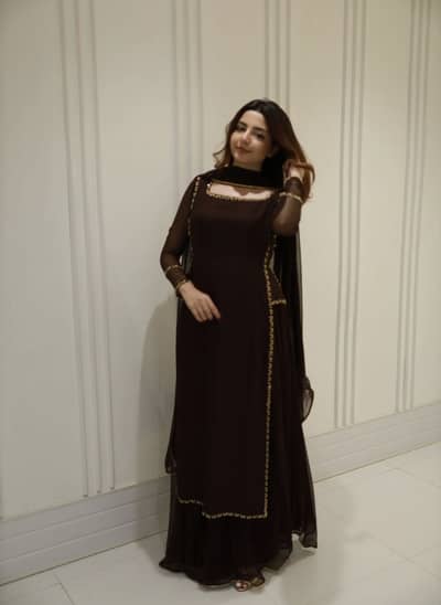 Dark Brown Embellished Long Kurta With Gharara & Dupatta - Brand New