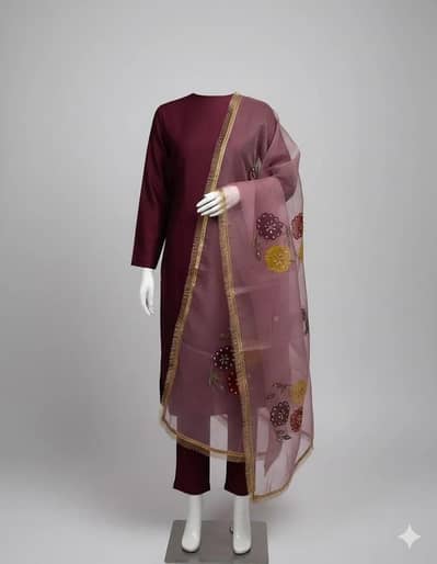 Maroon katan Silk 3pcs Suit With Pink  Organza Dupatta