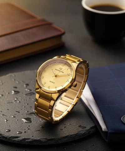 man,s gold stainless steel qurtaz watch Adjustabel strap