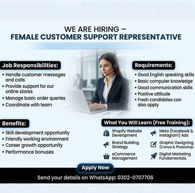 Female Costmer Support Representative + Digital marketing Internship