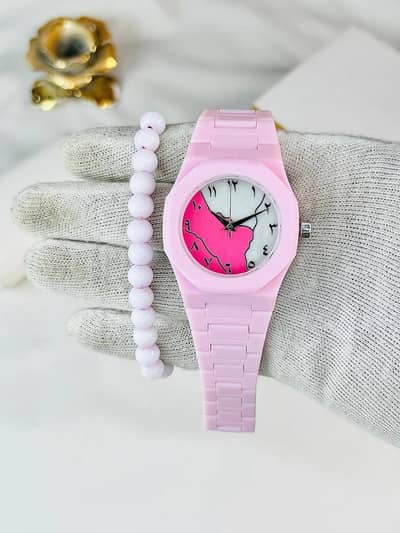 women pink aura  watch with marble dial  and chain strap