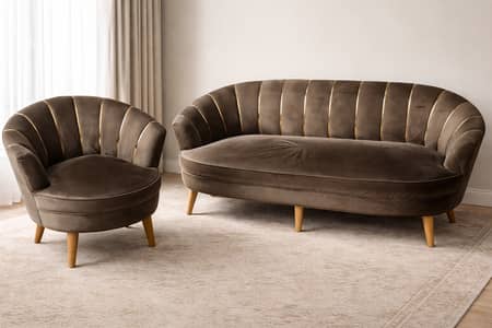 Velvet Shell Sofa Set (3+1+1) – Excellent Condition