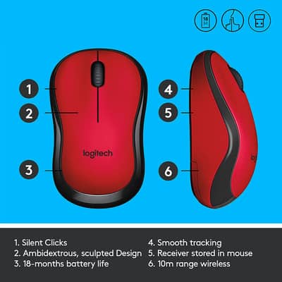 Logitech silent Mous M220 1200DPI 2.4GHz Ergonomic Wireless Mouse Red