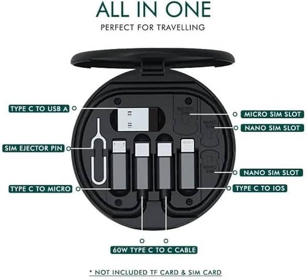 7-in-1 Multi USB Charging Adapter Kit Convertor Portable Travel Charger Cable Conversion Box with Phone Holder & SIM Card Slots (Durable Aluminum Alloy)