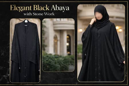 Black Umbrella Style Abaya with Stone Work